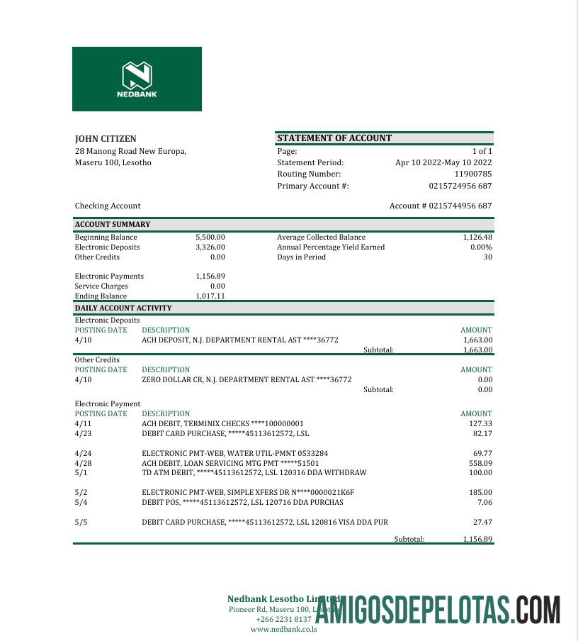 em branco Lesoto Nedbaank Extrato bancário modelo Excel e PDF